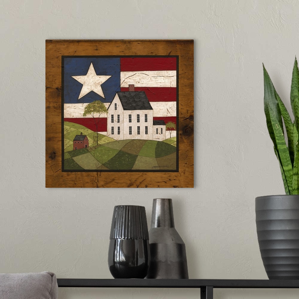 A modern room featuring Americana house scene with faux wood frame.