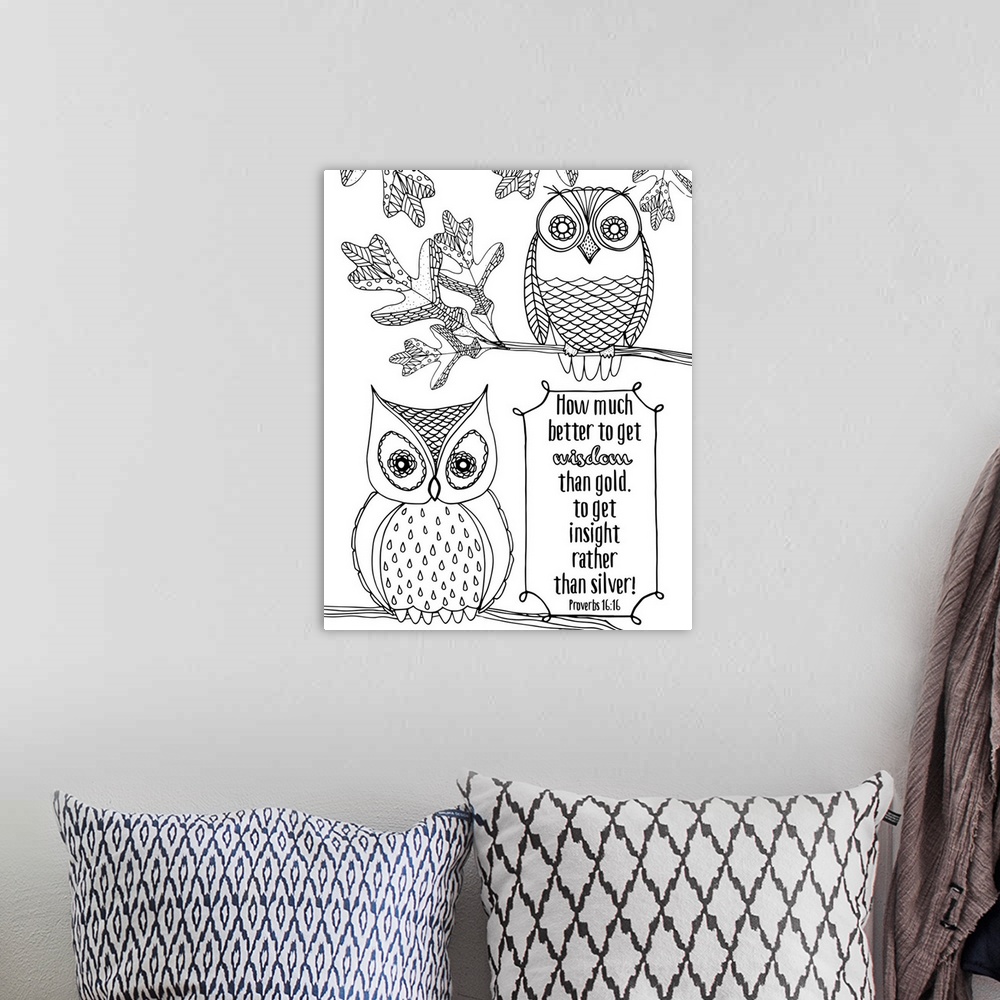 A bohemian room featuring Bible verse with line art of two cute owls.