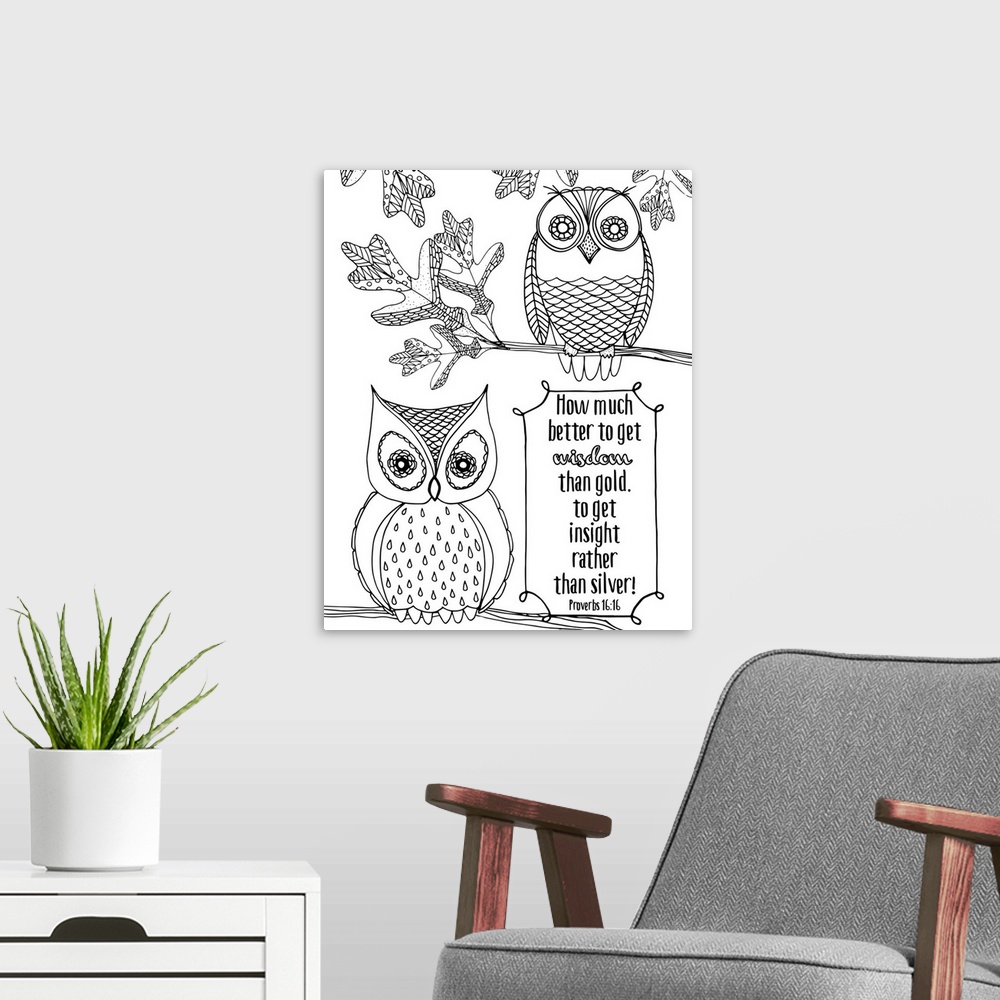 A modern room featuring Bible verse with line art of two cute owls.