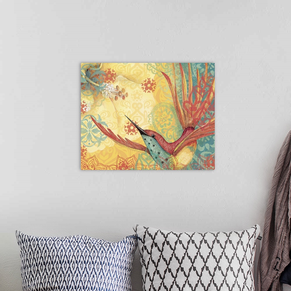 A bohemian room featuring The delicate hummingbird gets star treatment in this piece of art.