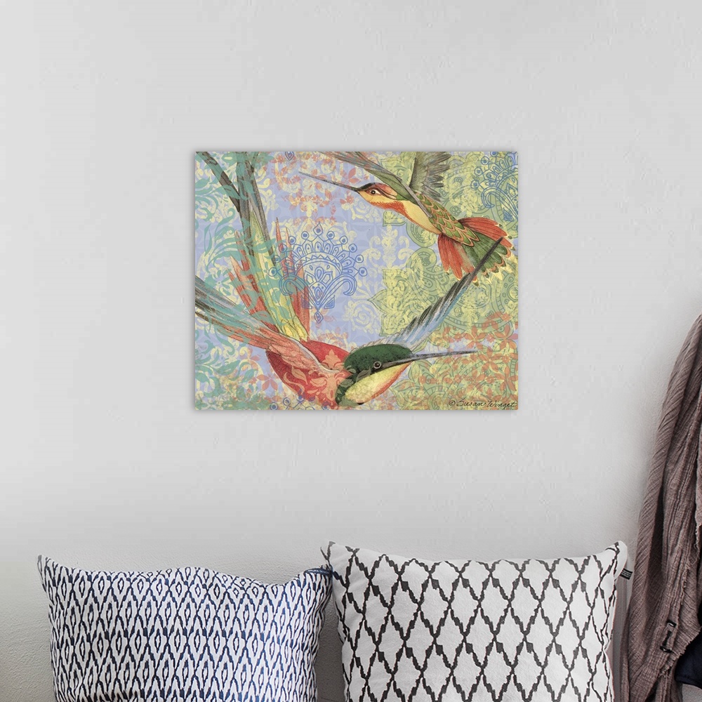 A bohemian room featuring Stunning hummingbird with intricate detail, pattern and color