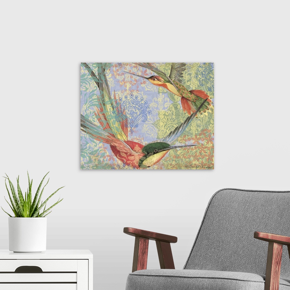A modern room featuring Stunning hummingbird with intricate detail, pattern and color