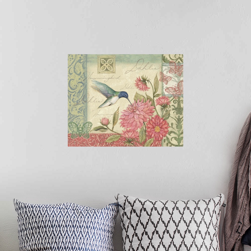 A bohemian room featuring Hummingbirds flitter among the flowers