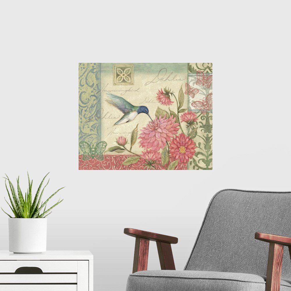 A modern room featuring Hummingbirds flitter among the flowers