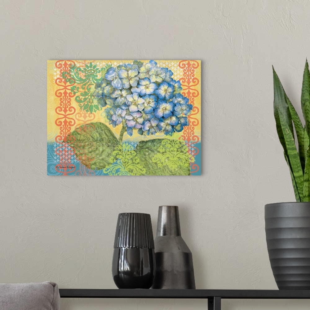 A modern room featuring Bright and bold depiction of hydrangeas make this flower a star!