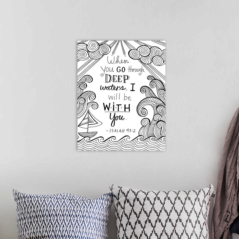 A bohemian room featuring Bible verse, Isaiah 43:2, with a boat on the ocean and tall waves.