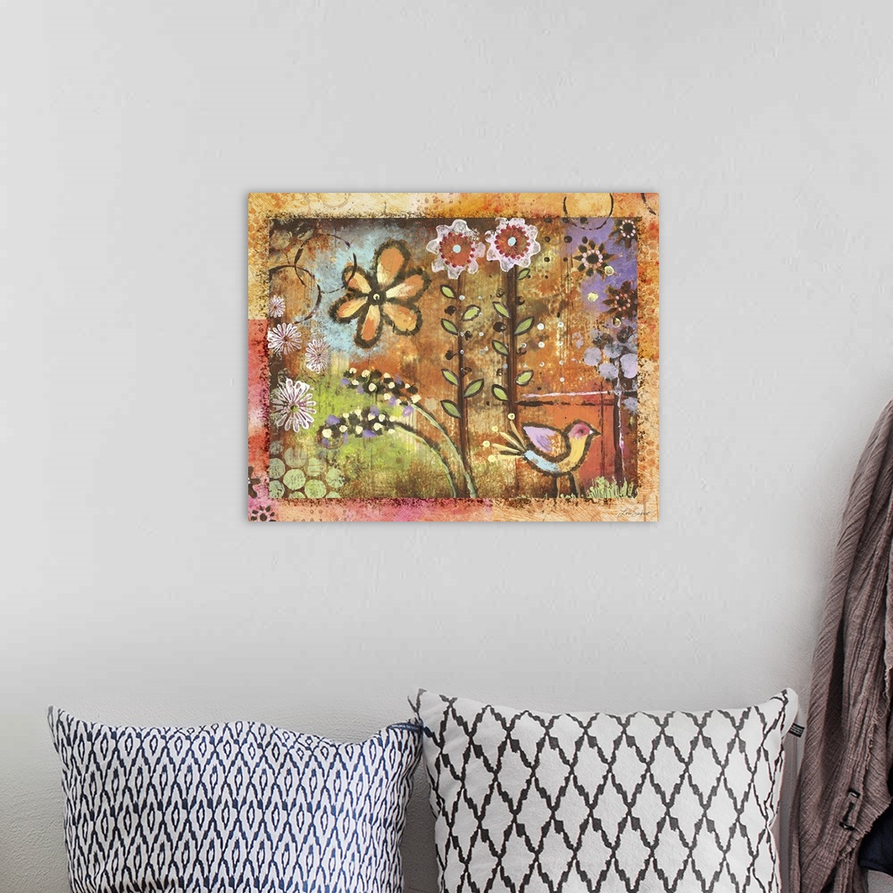 A bohemian room featuring Abstract and colorful nature scene great for any room.