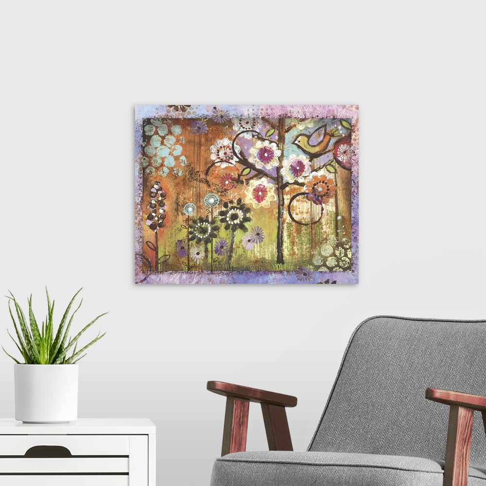 A modern room featuring Abstract and colorful nature scene great for any room.