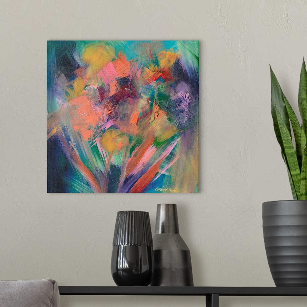 A modern room featuring Bright and splashy abstracts will add a dynamic touch to any home decor.