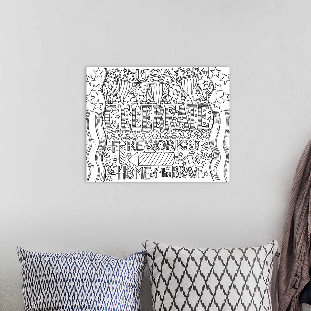 A bohemian room featuring Celebrate America with this patriotic piece, waiting for your red, white and blue markers!