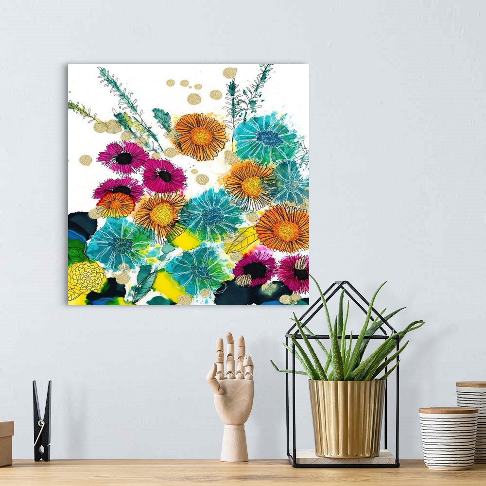 A bohemian room featuring The loose style of alcohol inks makes this colorful floral image an impact statement.