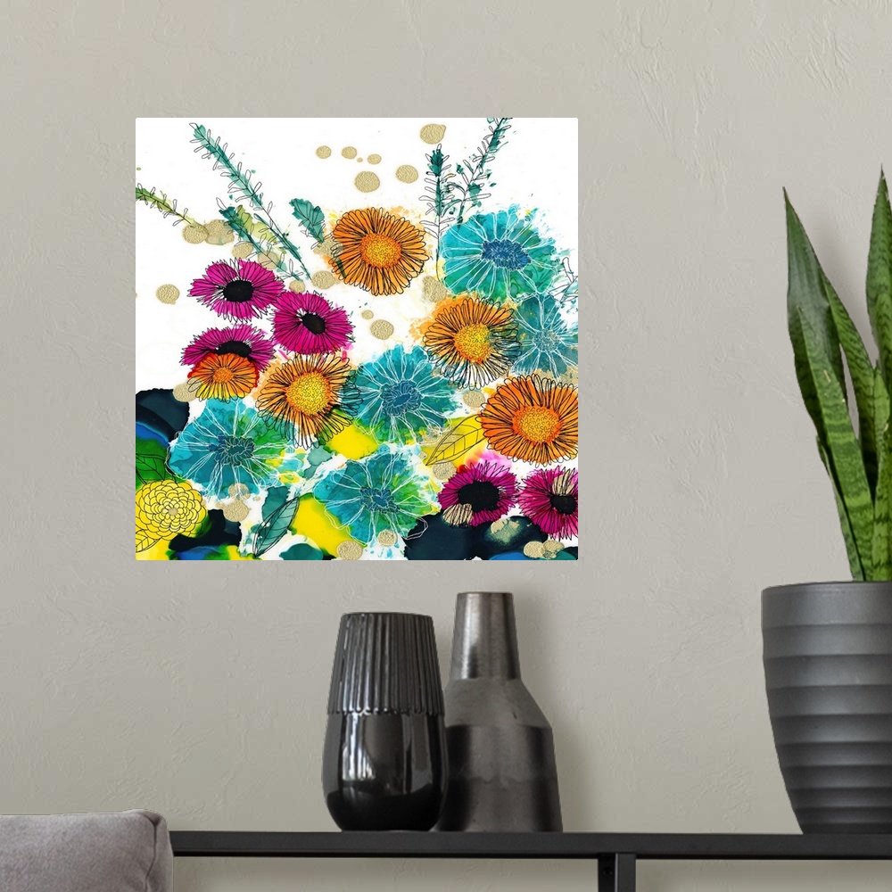 A modern room featuring The loose style of alcohol inks makes this colorful floral image an impact statement.