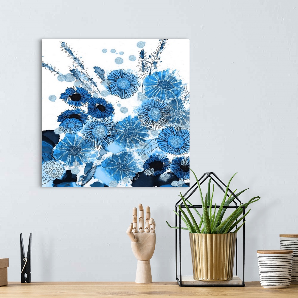 A bohemian room featuring The loose style of alcohol inks makes this blue floral image an impact statement.