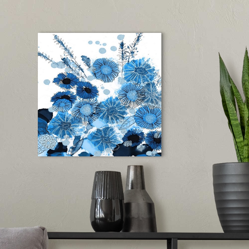 A modern room featuring The loose style of alcohol inks makes this blue floral image an impact statement.