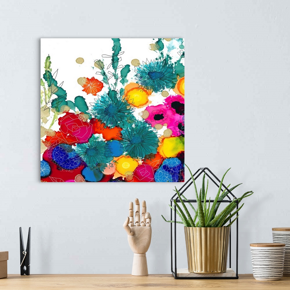 A bohemian room featuring The loose style of alcohol inks makes this colorful floral image an impact statement.