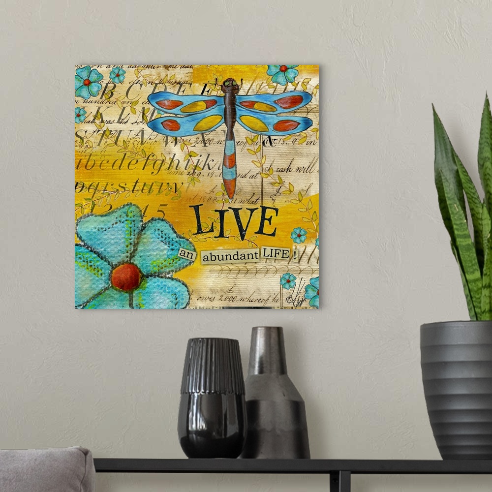 A modern room featuring Square, oversized home art docor in vibrant colors, of various flowers and a large dragonfly over...