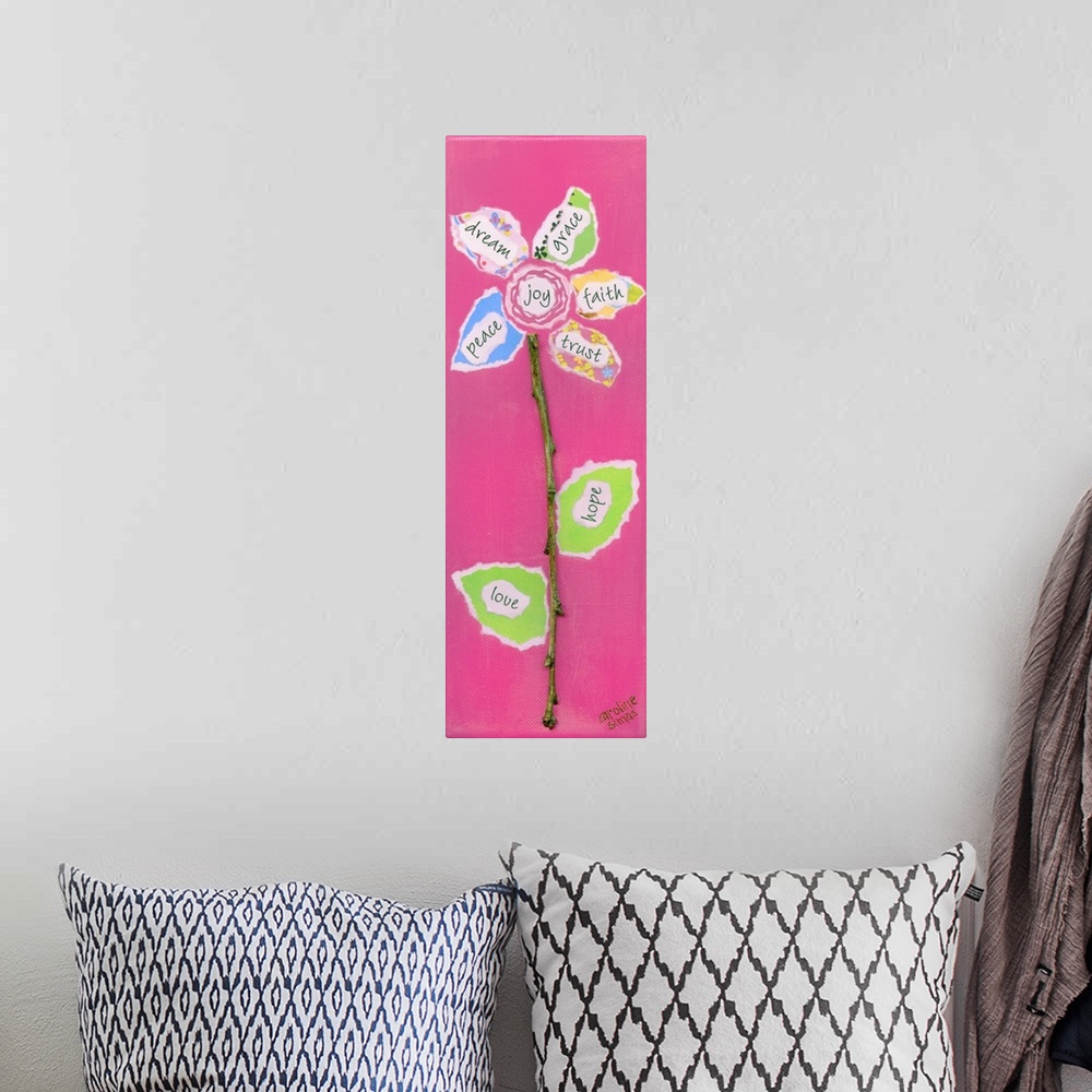 A bohemian room featuring Flower panel with inspirational message