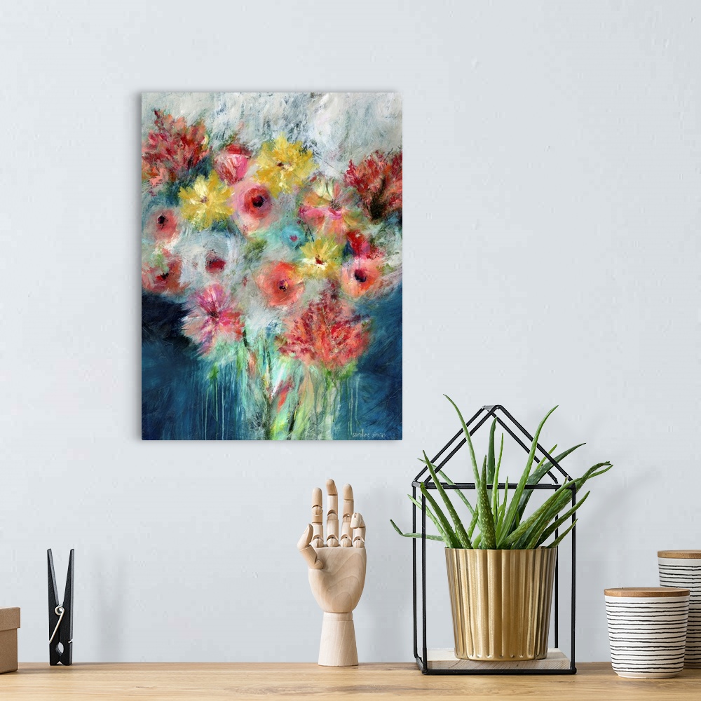 A bohemian room featuring A loosely rendered floral bouquet is a lovely accent to any docor.