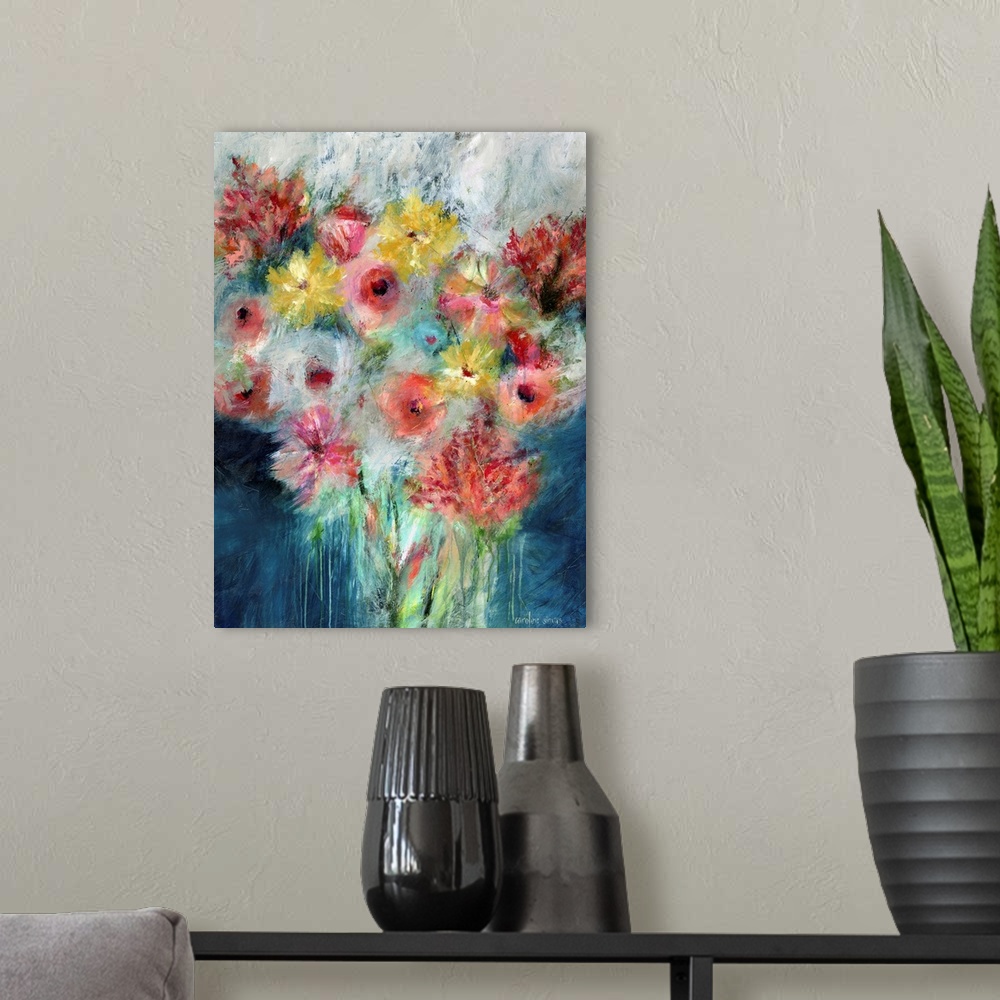 A modern room featuring A loosely rendered floral bouquet is a lovely accent to any docor.