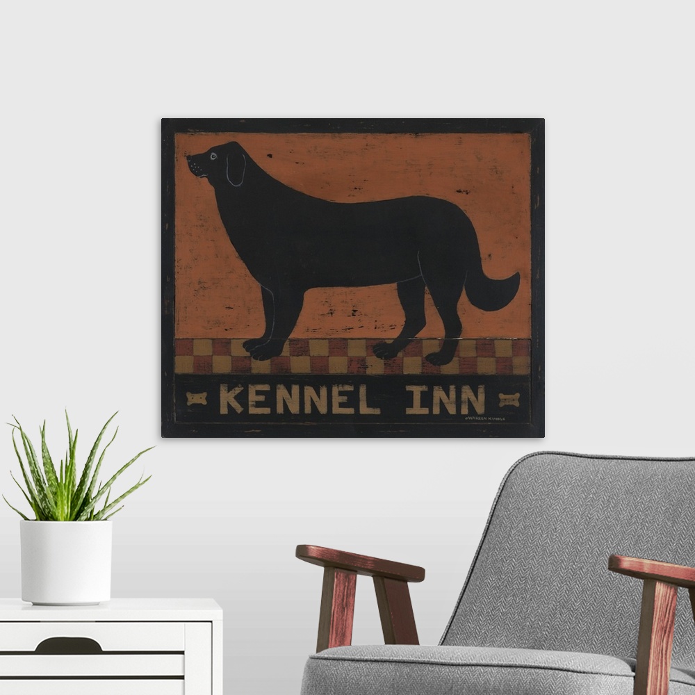 A modern room featuring Americana dog image by renowned folk artist Warren Kimble