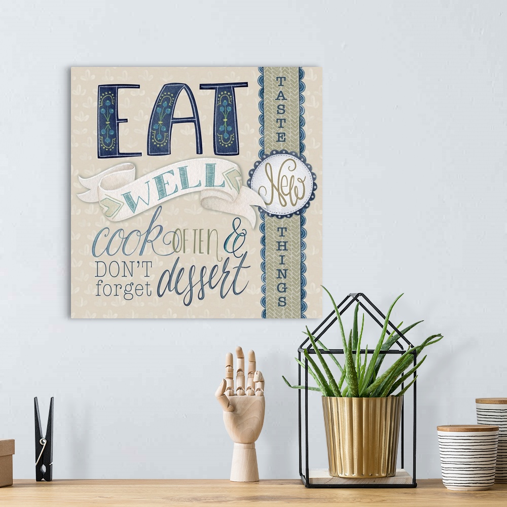 A bohemian room featuring A whimsical motif and message brings joy to the kitchen.