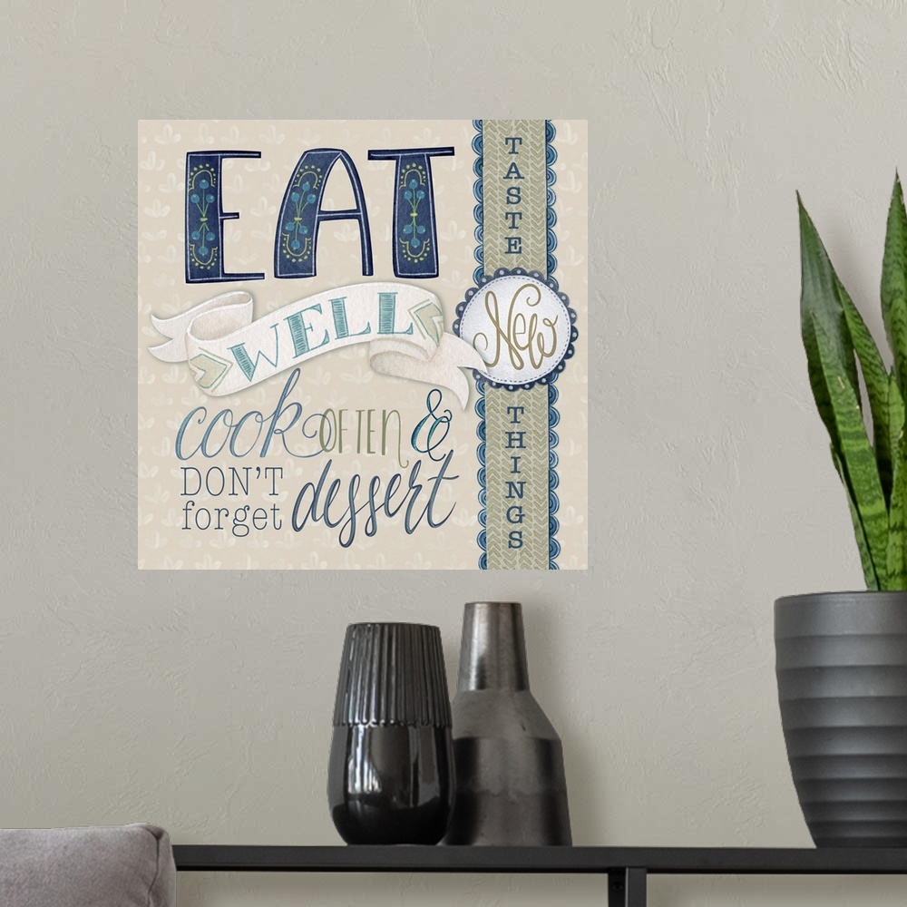 A modern room featuring A whimsical motif and message brings joy to the kitchen.