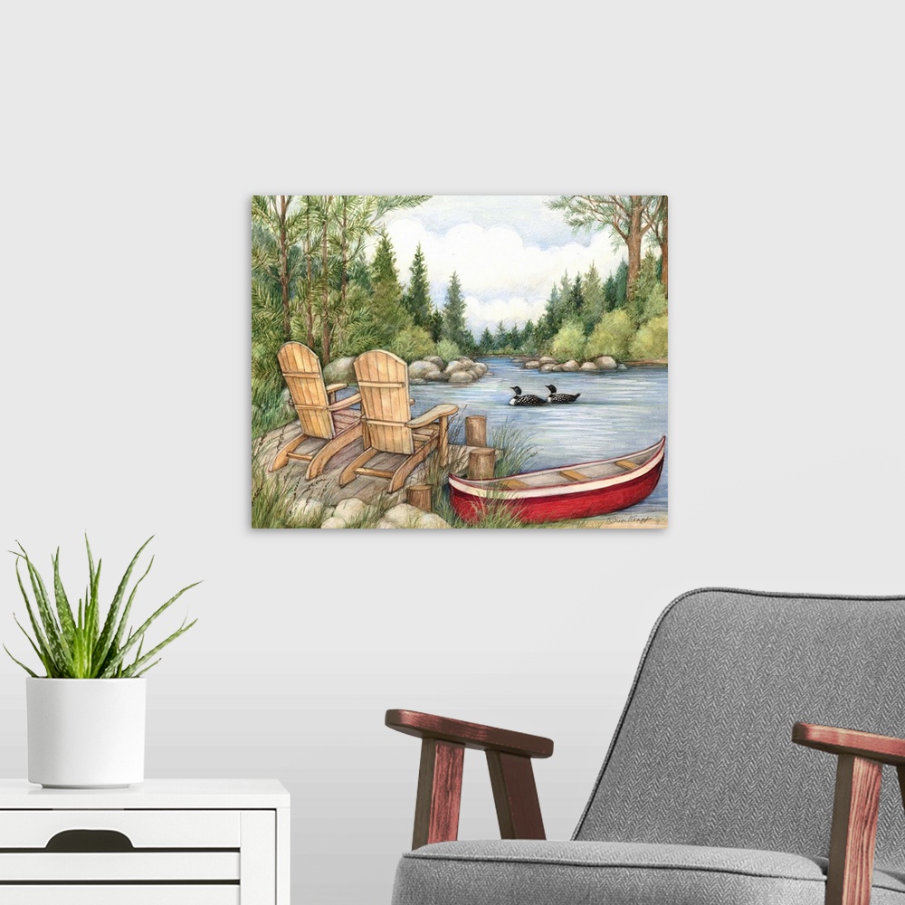 A modern room featuring Lovely lake scene evokes a quite time with nature.