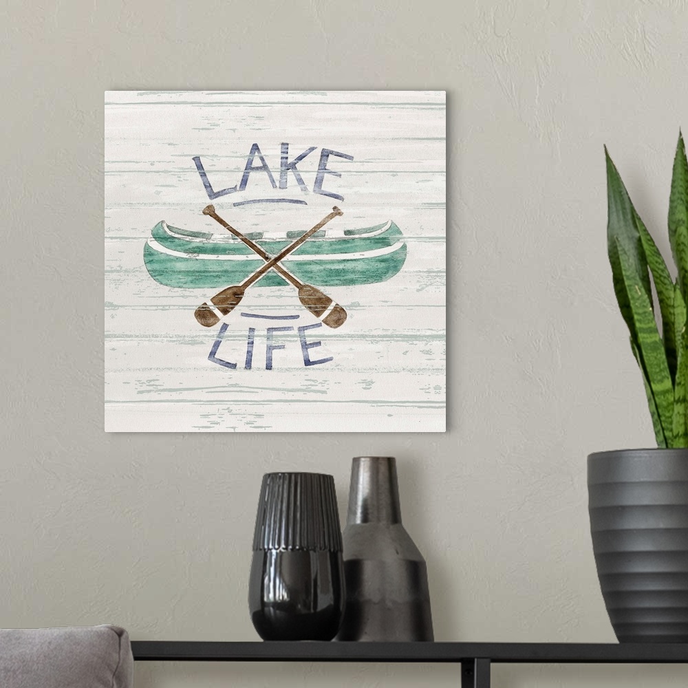 A modern room featuring Rustic and sample imagery evokes life at the lake.