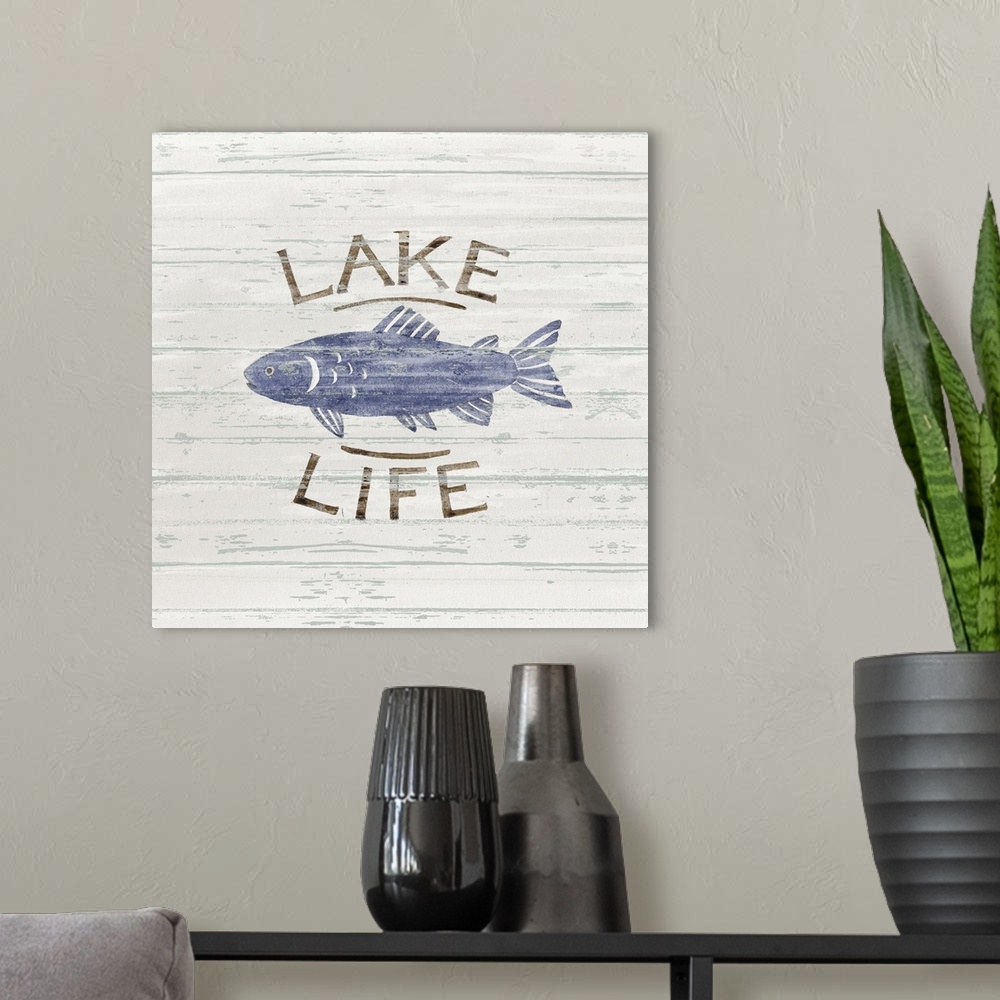 A modern room featuring Rustic and sample imagery evokes life at the lake.