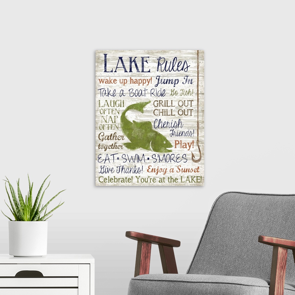 A modern room featuring Fun retro sign art perfect for your cabin, lake house or den!