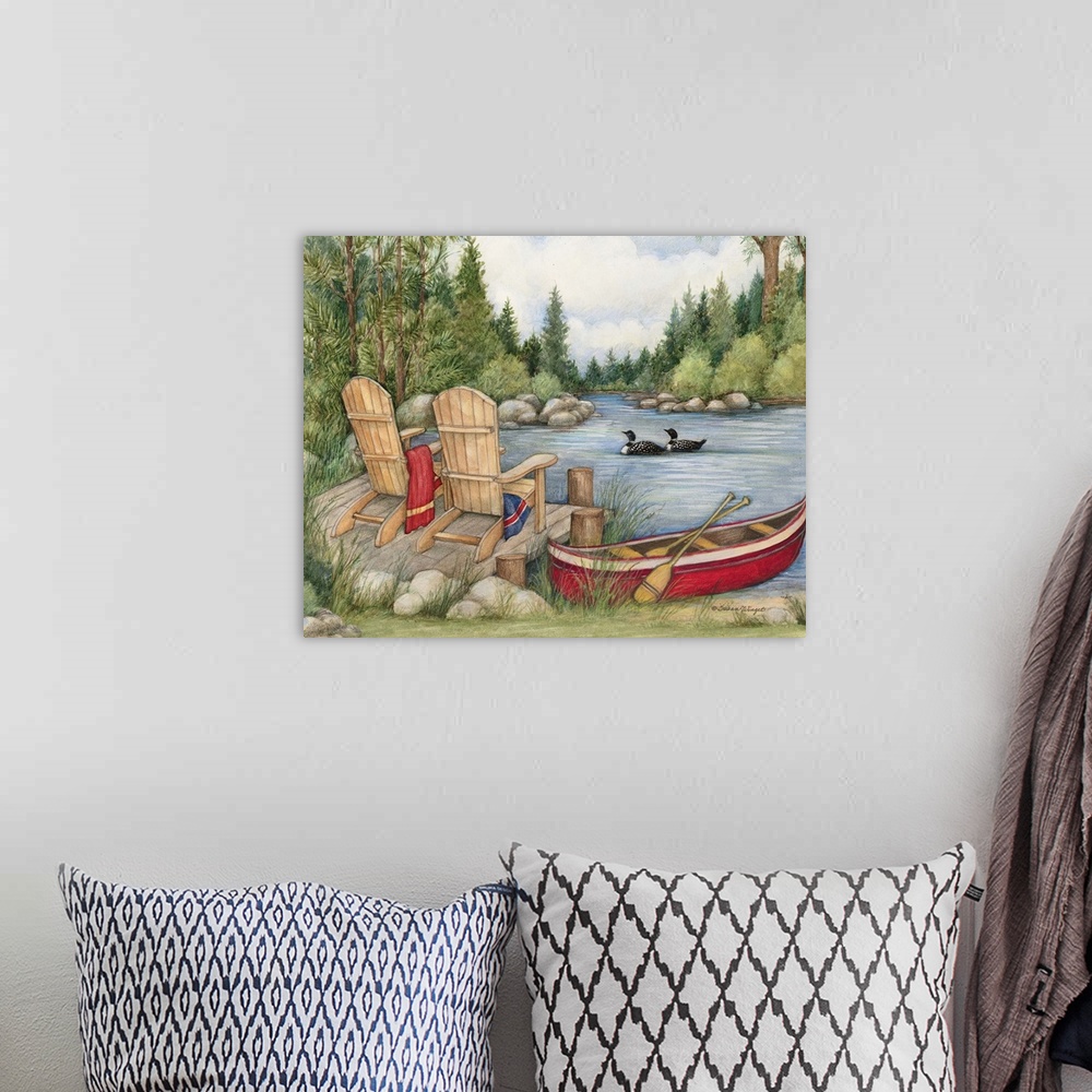 A bohemian room featuring This lovely scenic captures the serenity of life by the lake.