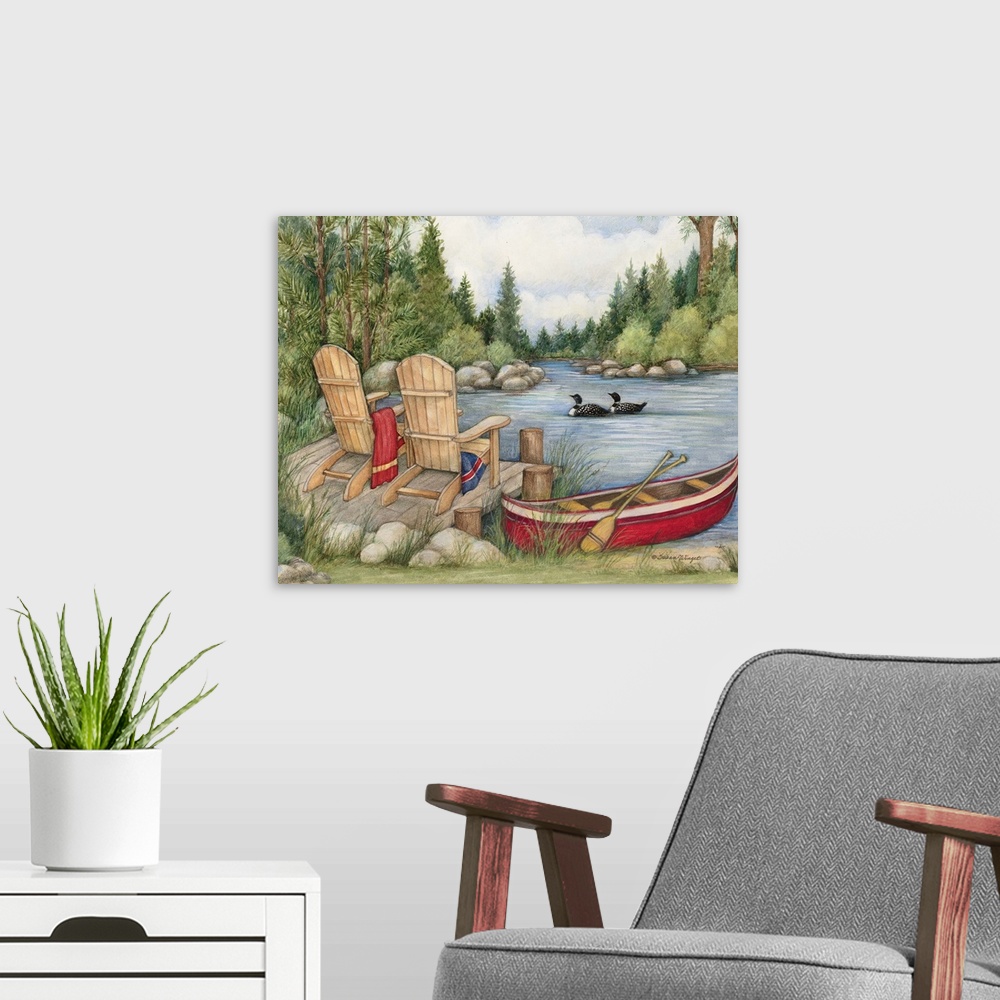 A modern room featuring This lovely scenic captures the serenity of life by the lake.
