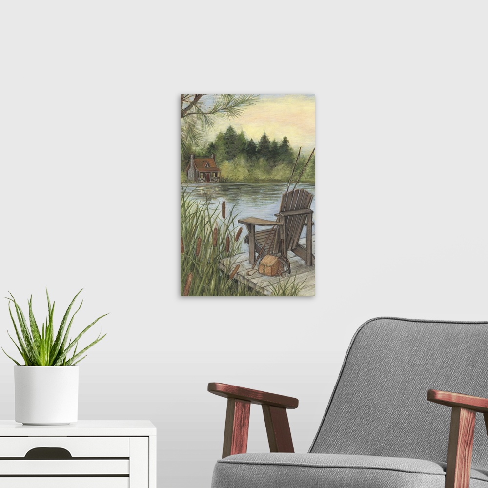 A modern room featuring A lakeside scene that speaks of quite interludes with nature.