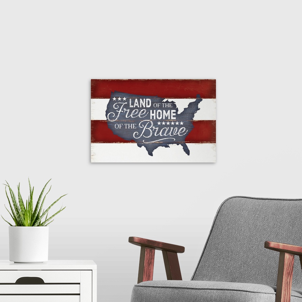 A modern room featuring Land of the Free