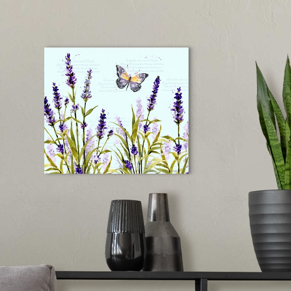 A modern room featuring A butterly floats about these lovely lavender stems.