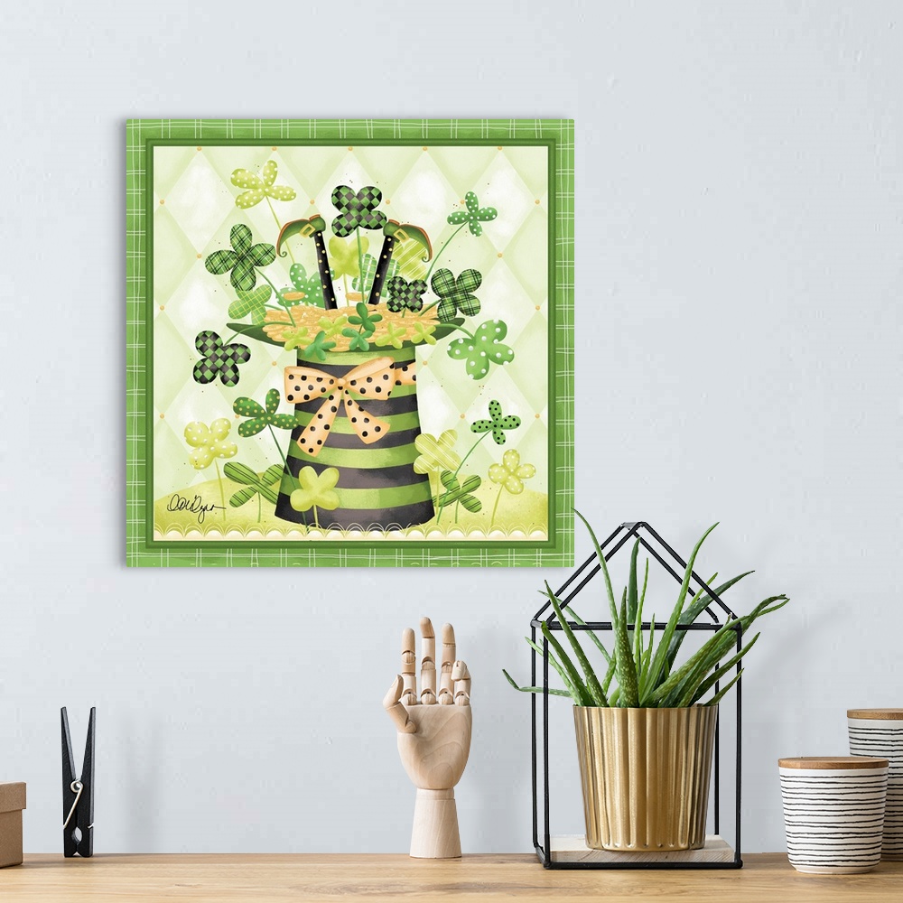 A bohemian room featuring Cute St. Patrick's Day artwork of a leprechaun in a hat with lucky four-leaf clovers.