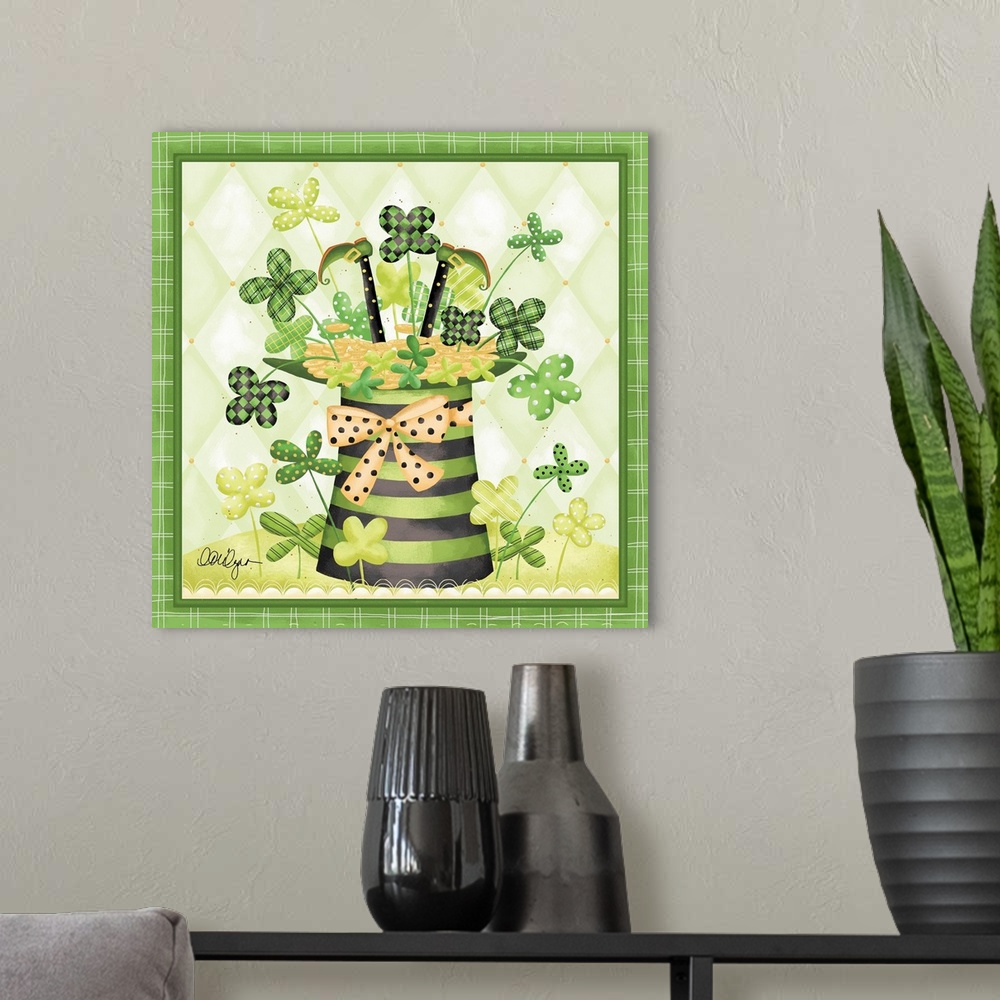 A modern room featuring Cute St. Patrick's Day artwork of a leprechaun in a hat with lucky four-leaf clovers.