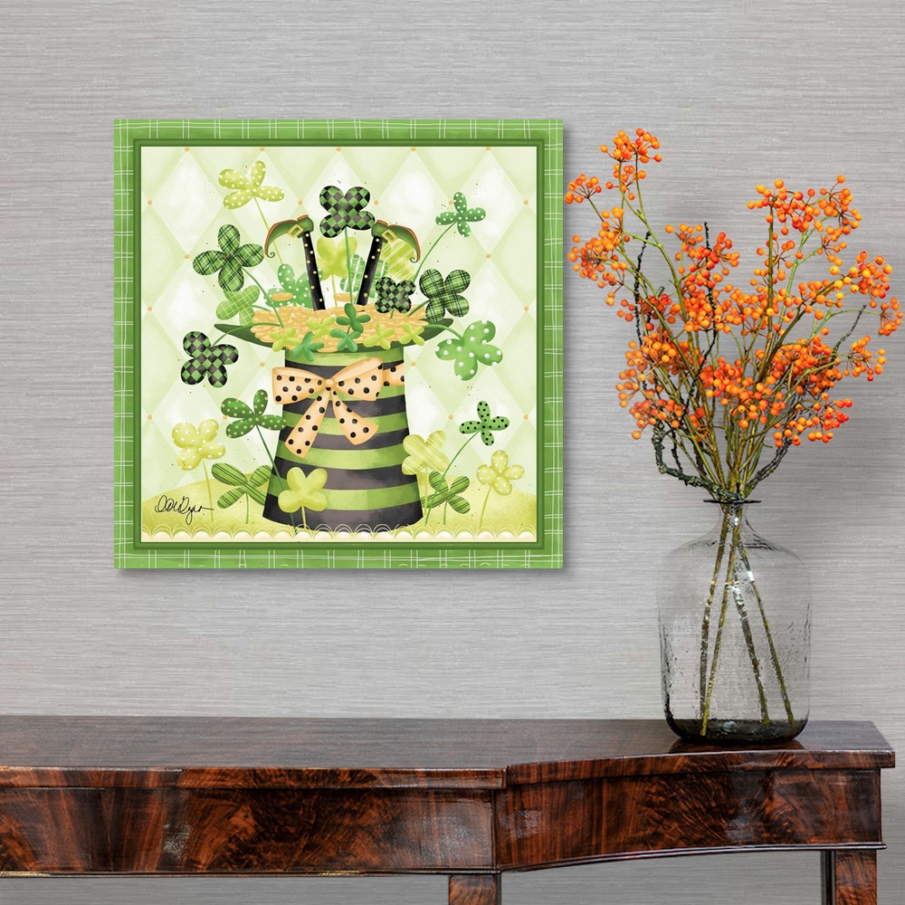 A traditional room featuring Cute St. Patrick's Day artwork of a leprechaun in a hat with lucky four-leaf clovers.