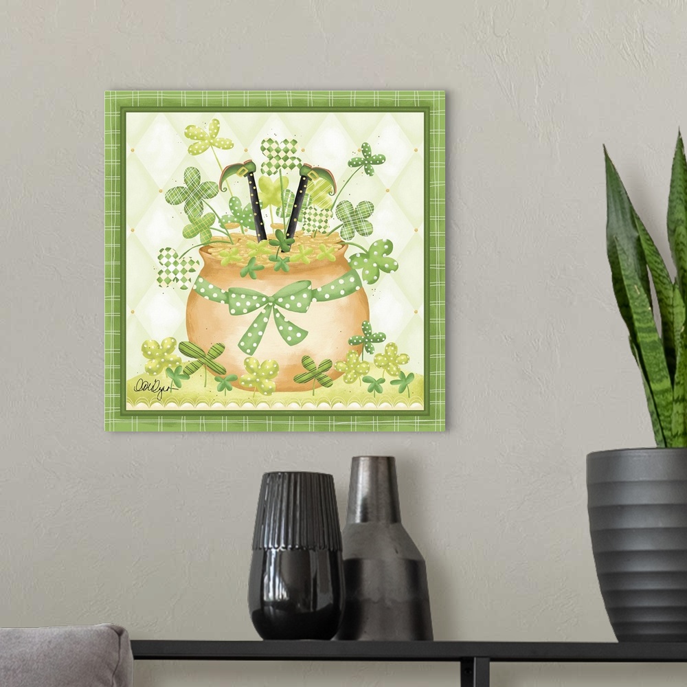 A modern room featuring Cute St. Patrick's Day artwork of a leprechaun in a pot of gold with lucky four-leaf clovers.