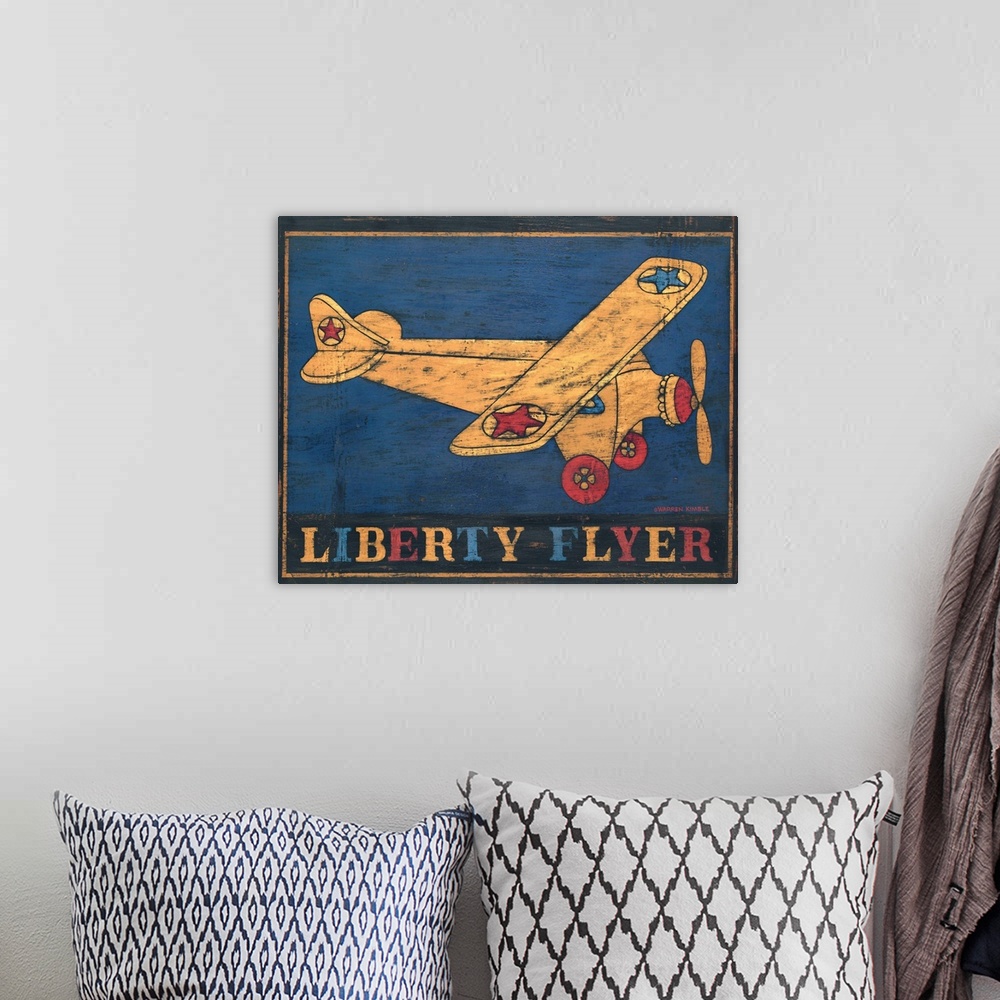 A bohemian room featuring Americana vintage airplane image by renowned folk artist Warren Kimble