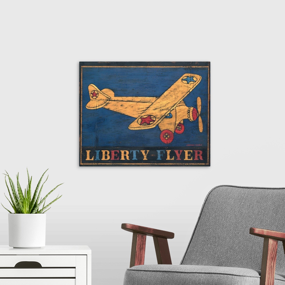 A modern room featuring Americana vintage airplane image by renowned folk artist Warren Kimble