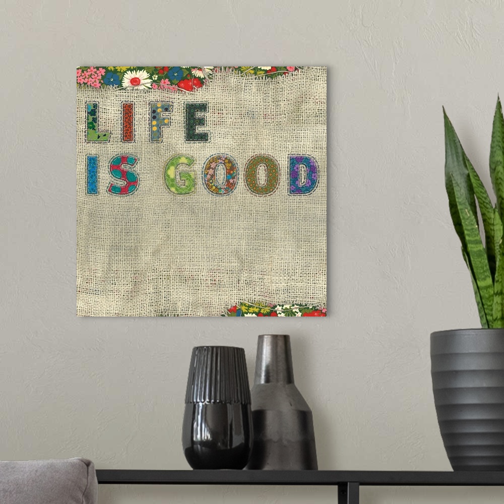 A modern room featuring Inspirational, motivational wall decor with colorful, textural treatment