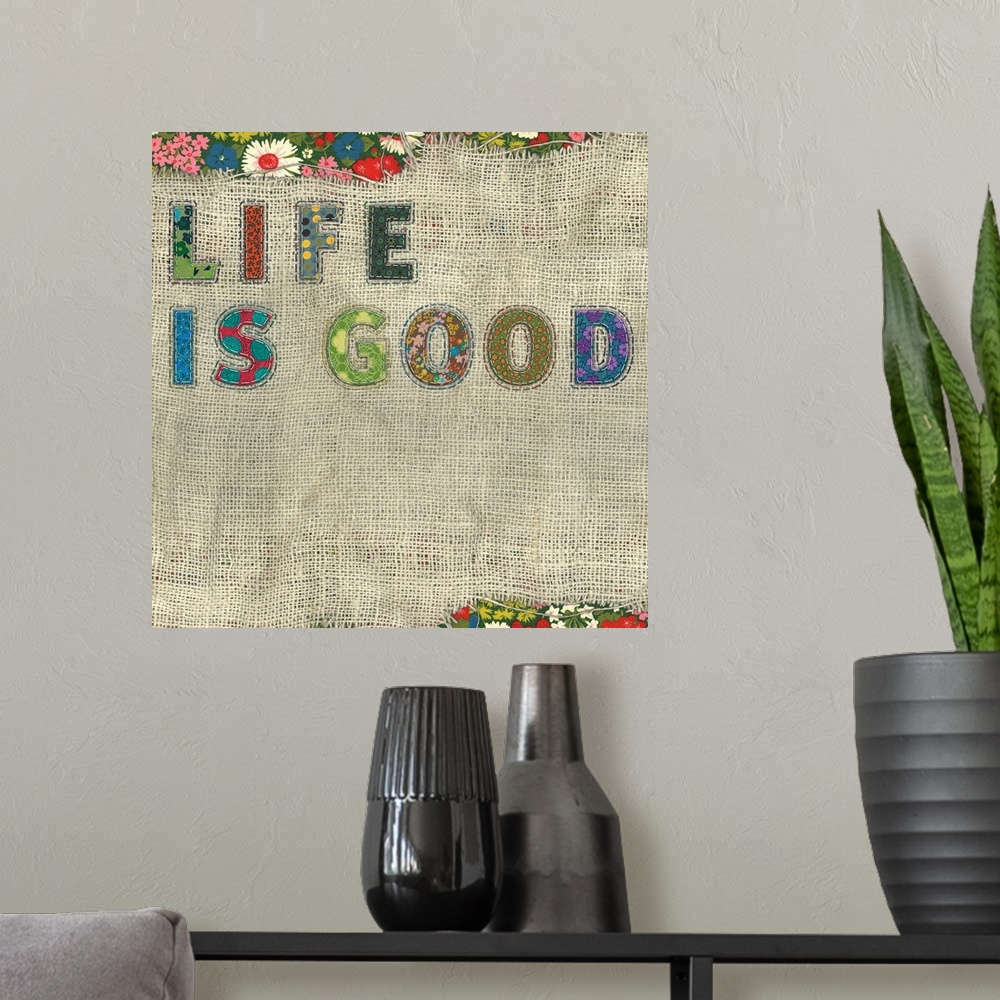 A modern room featuring Inspirational, motivational wall decor with colorful, textural treatment