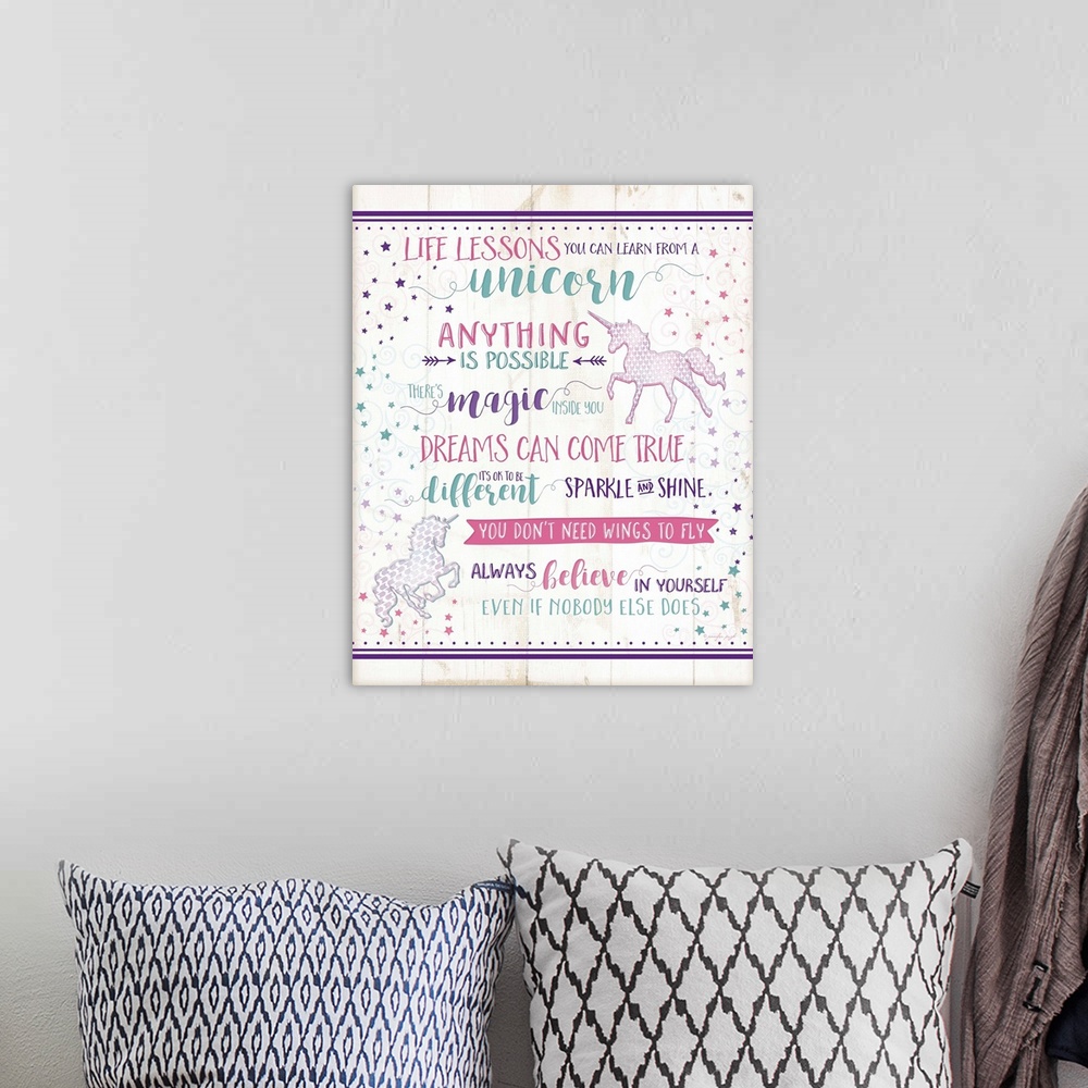 A bohemian room featuring "Life Lessons you can learn from a unicorn.  Anything is possible, There's magic inside you, drea...