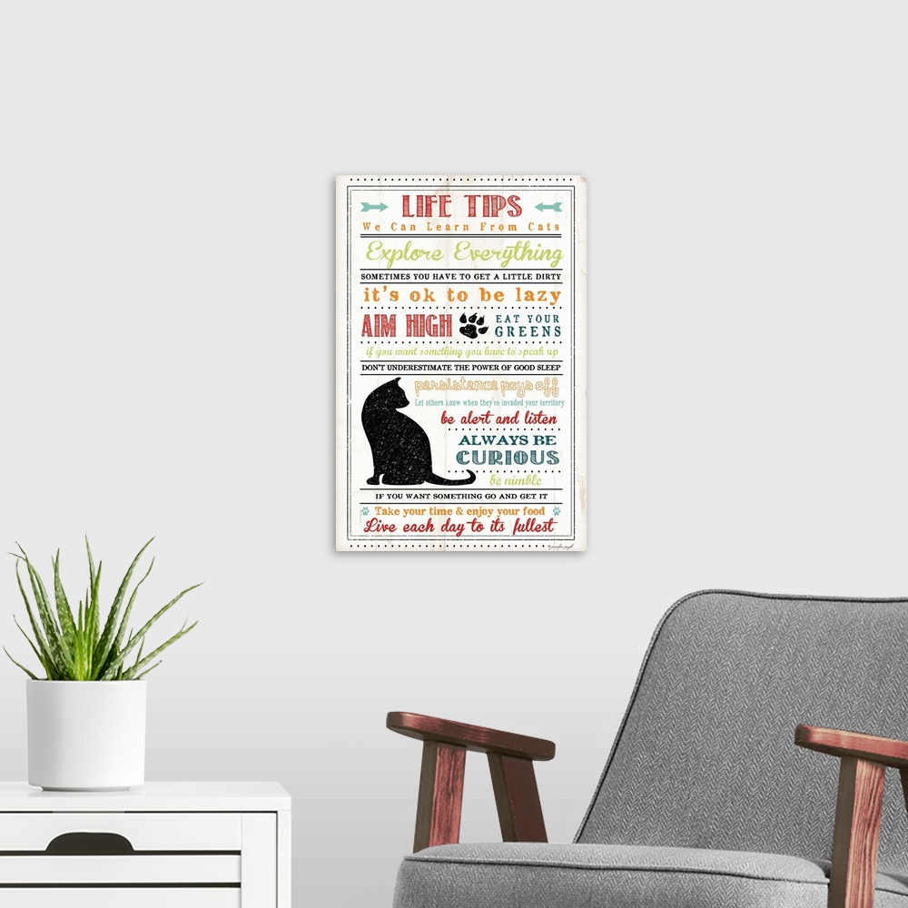 A modern room featuring Written out life tips that we can learn from cats.