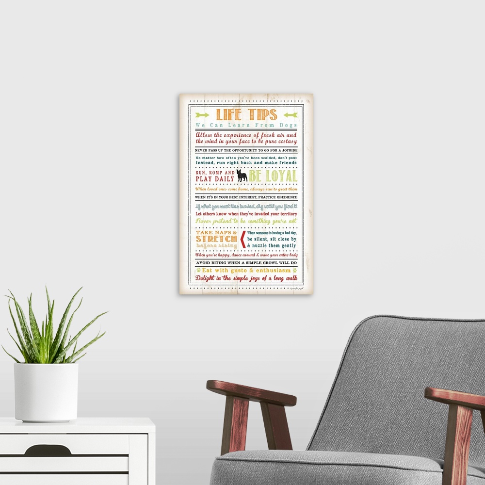 A modern room featuring Written out life tips that we can learn from dogs.