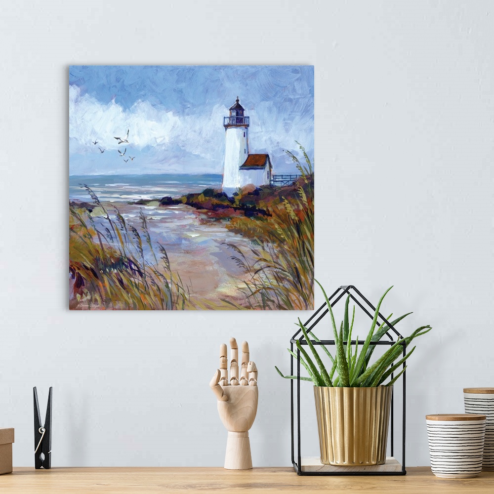 A bohemian room featuring The classic lighthouse is featured in this moody seascape.