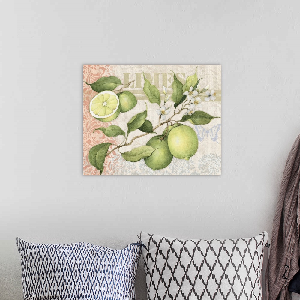 A bohemian room featuring Freshly colored fruit on burlap, perfect for kitchen decor