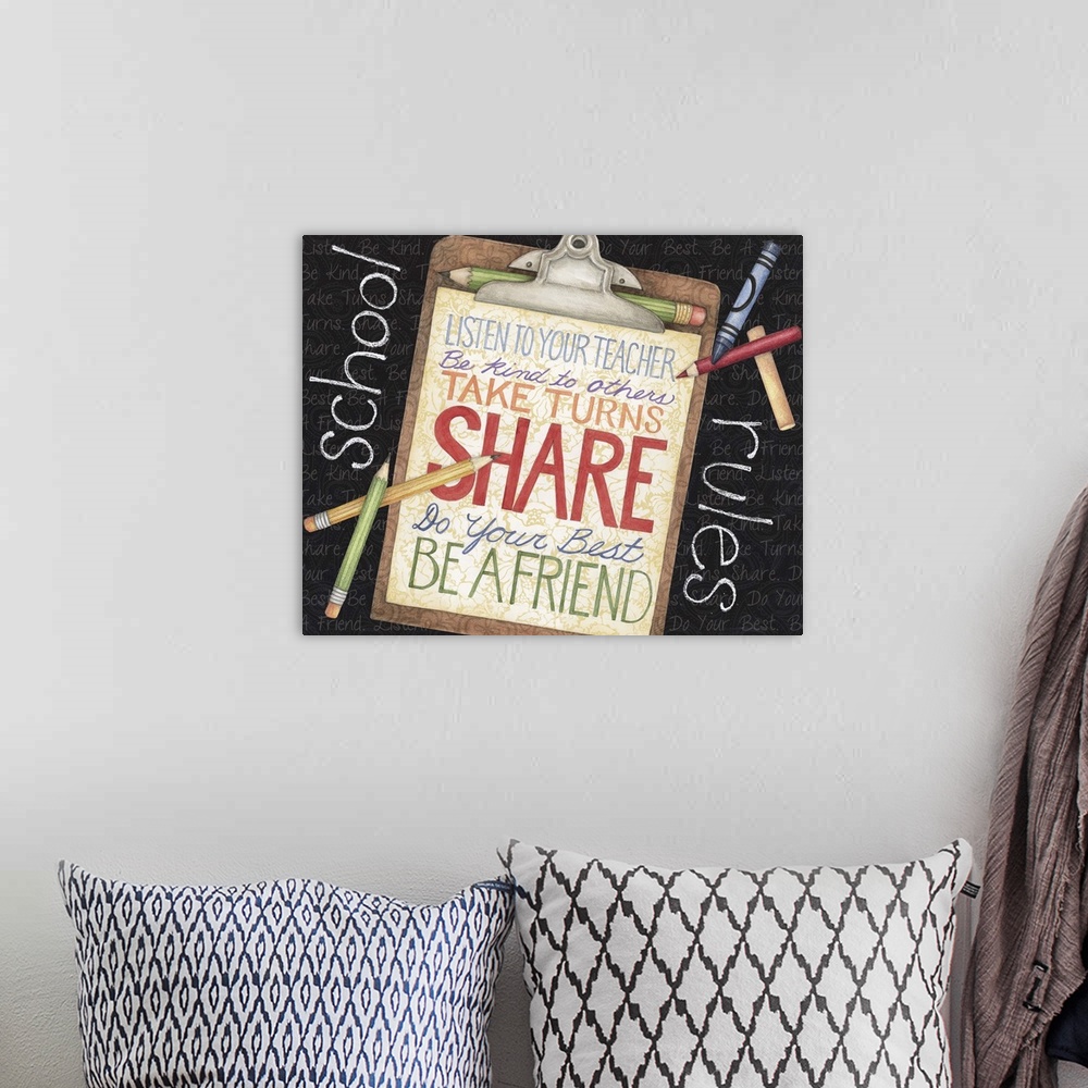A bohemian room featuring School-themed art with inspirational message.
