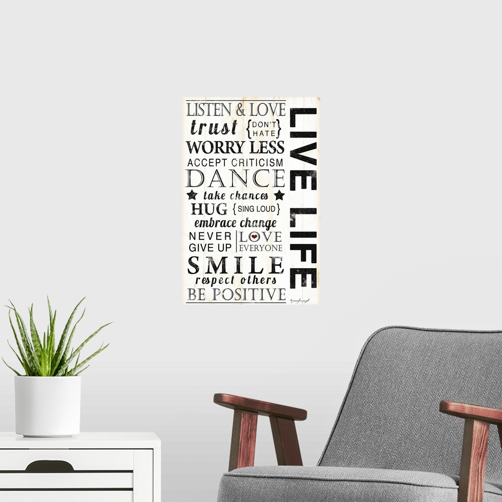 A modern room featuring Off white background with rustic black typography about family sentiments.
